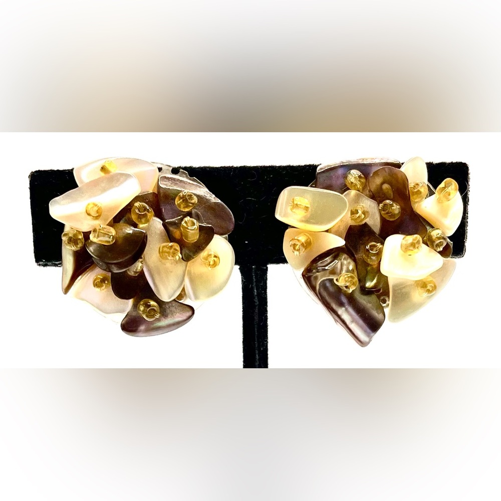 Vintage Signed Japan Gold Tone Mother of Pearl Abalone Cluster Clip On Earrings